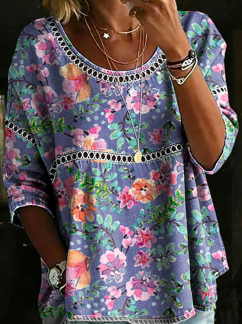 Women's Vintage Floral Casual Loose Denim Blouse Shirt