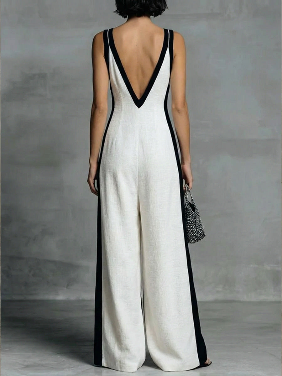 Patchwork Linen And Cotton Sleeveless Jumpsuit