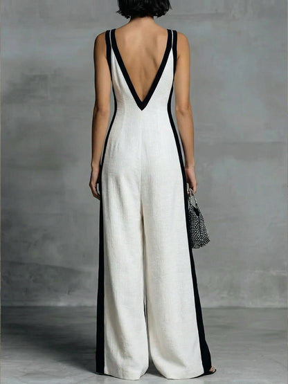 Patchwork Linen And Cotton Sleeveless Jumpsuit