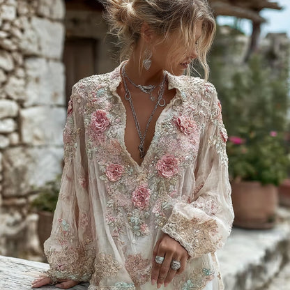Women's Pink Rose Embroidery Art V Neck Long Sleeve Linen Blend Blouse