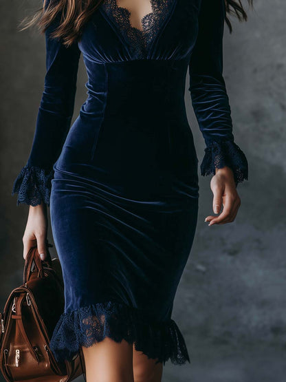 Vintage Lace Trim Polyester Velvet Mini Dress