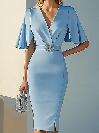 Light Blue Wide-Sleeve Sheath Dress with Silver Rhinestone Waistband