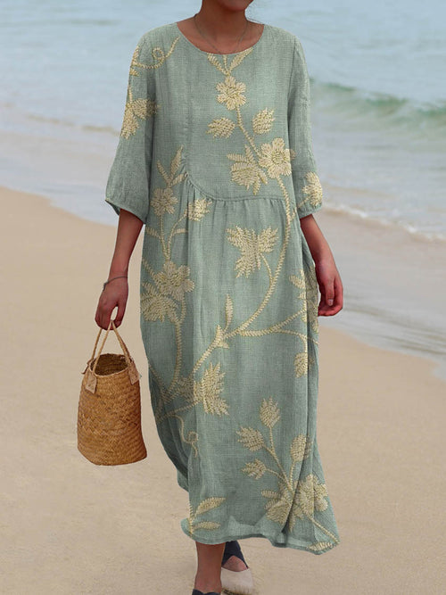Women's Vintage Lovely Floral Art Print Pocket Cotton Dress