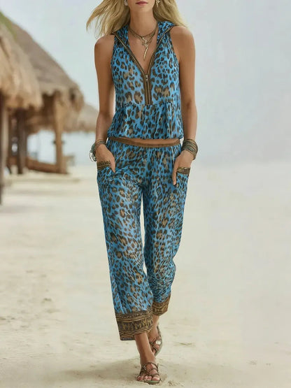 Women's Retro Leopard Art Print Hooded Casual Top And Pants Suits