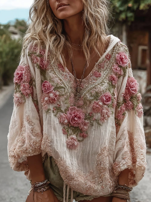 Women's Vintage Floral Embroidery Warm V-neck Hoodie