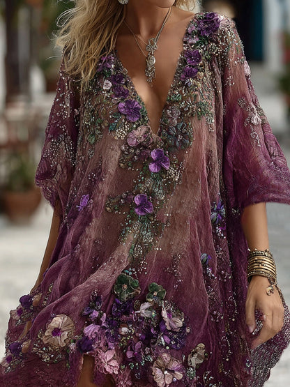 Women's Pansy Embroidered Sequined Short Sleeve Midi Dress