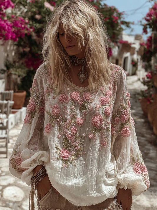 Women's Vintage Pink Rose Embroidery Casual Crew Neck Shirt