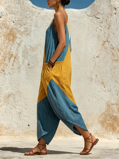 Loose-Fit Color-Block Denim Halter Jumpsuit with Pockets