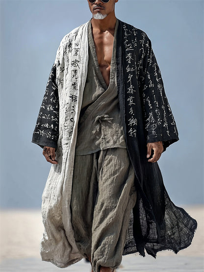 Men's Japanese Calligraphy Contrast Art Flowy Linen Long Kimono