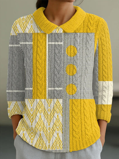Women's Vintage Abstract Geometric Art Print Casual Peter Pan Collar 3/4 Sleeve Sweater