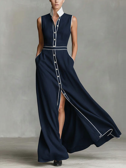 Women's Collared Sleeveless Casual Loose Long Cotton Linen Dress