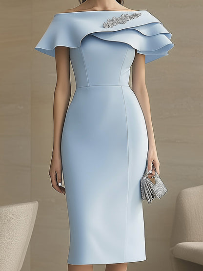Feminine Light Blue Dress with Ruffled Asymmetrical Neckline