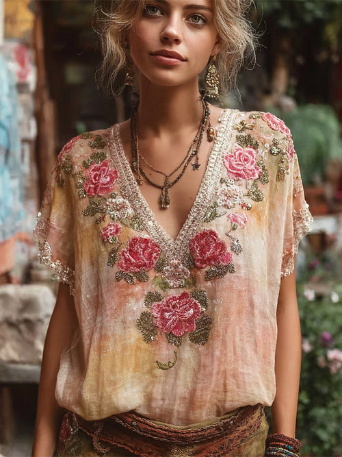 Boho Sunset Floral Embroidery Women's Linen V-neck Shirt