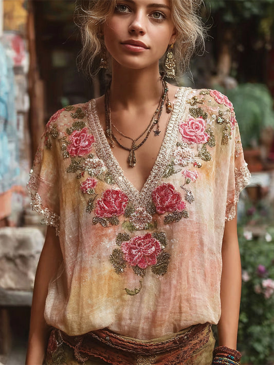 Boho Sunset Floral Embroidery Women's Linen V-neck Shirt
