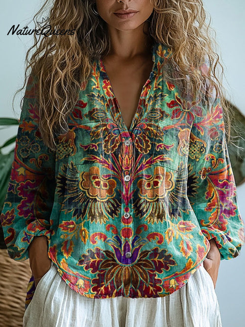 Women's Vintage Lovely Floral Art Print Casual Long Sleeve Comfortable Cotton Shirt