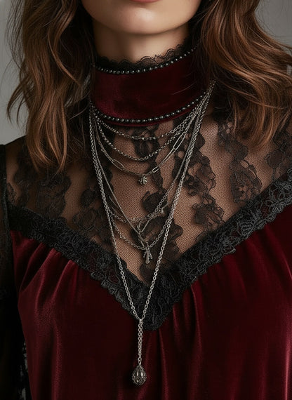 Elegant Velvet & Lace Victorian-Inspired Blouse