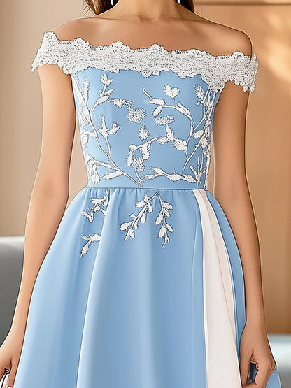 Elegant Blue Off-the-Shoulder Chiffon Dress with Embroidery