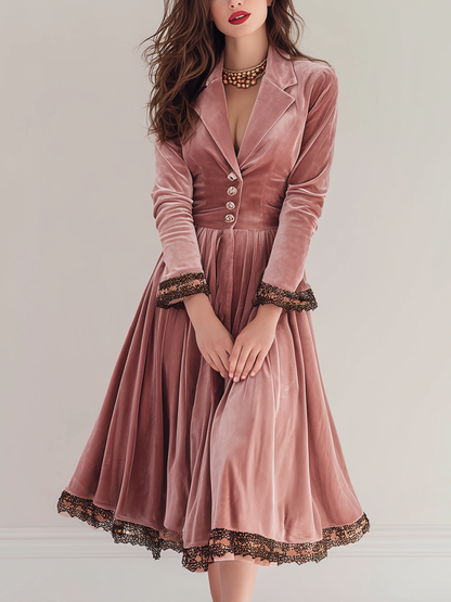Vintage Lace-trimmed Polyester Velvet Midi Dress