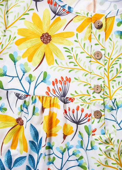 Yellow Pocket Floral Print A Line Short Sleeve Dress