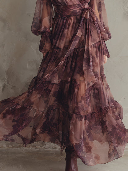 Romantic Holiday Printed Chiffon Ruffle Hem Maxi Dress