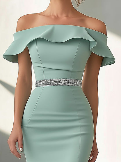Mint Green Mermaid Dress with Ruffled Hem and Crystal Waist Accent