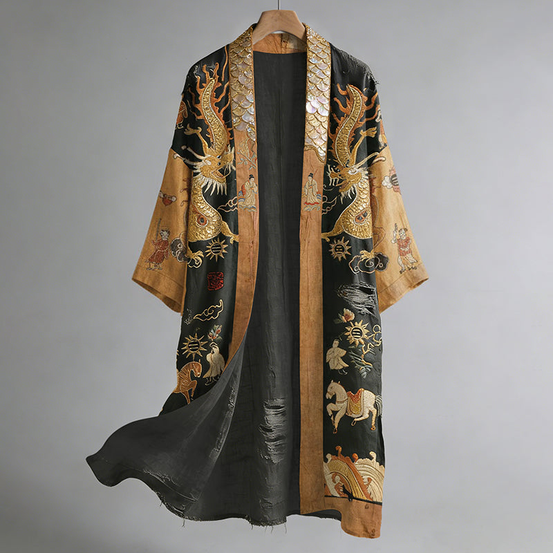 Retro Dragon Mural-inspired Pattern Casual Linen Blend Kimono