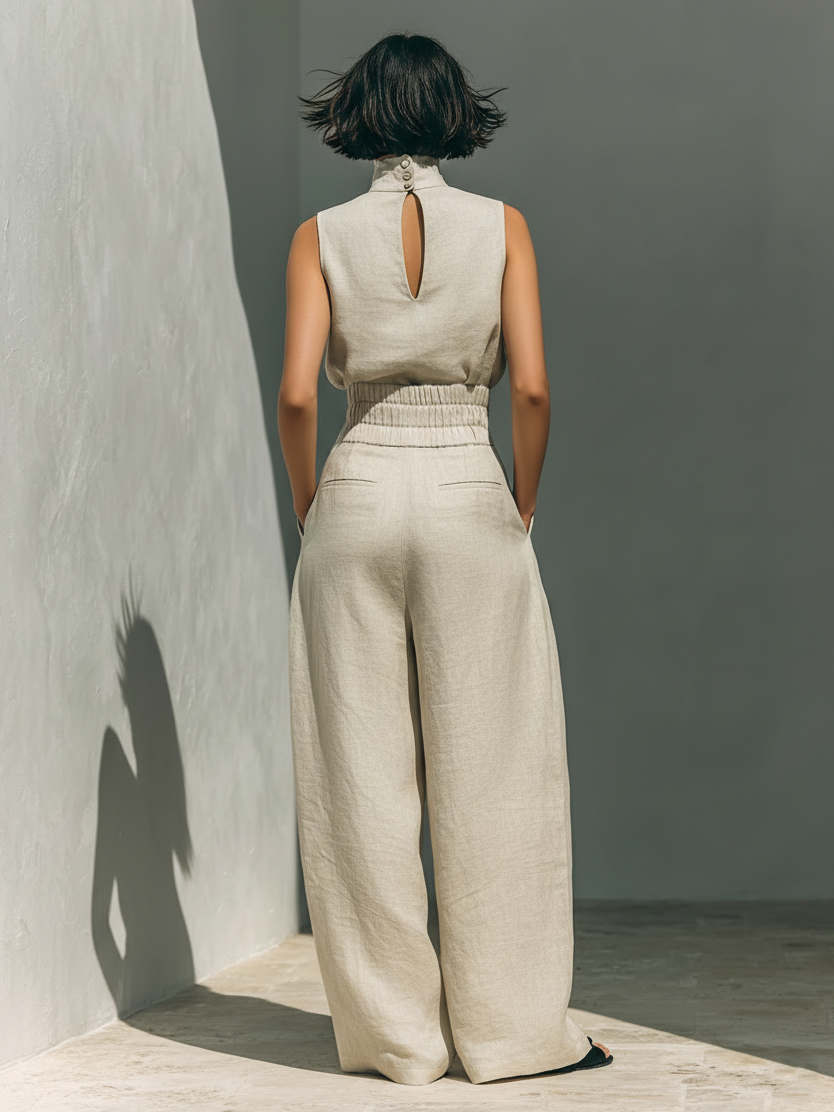 Elegant stand-collar shirt and wide-leg pants two-piece set
