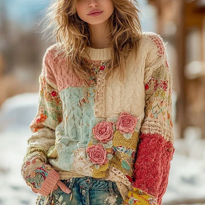 Women's Vintage Chunky Needle Rose Floral Stitching Warm Crew Neck Sweater