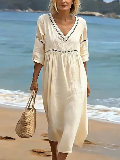 Women's Solid Color Retro Casual Stylish Vacation Cotton Dress