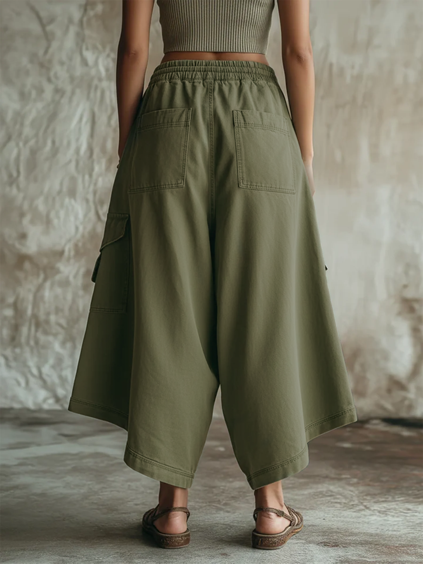 Olive Green Washed Denim Utility Wide-Leg Culottes