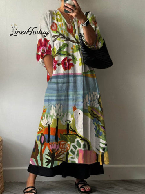 Women's Lovely Floral Bird Art Print Pocket V-neck Cotton Dress