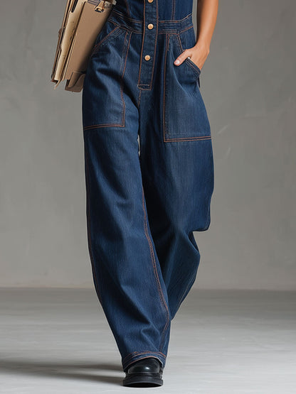 Casual Retro Multi-pocket Topstitching Dark Blue Denim Sleeveless Balloon Jumpsuit