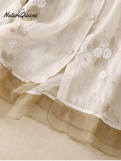 Art Retro Embroidery 3/4 Sleeve Patchwork Shirt