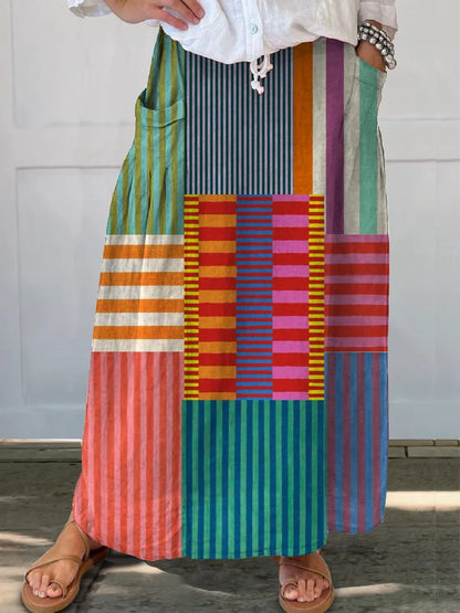 Women’s Colorful Patchwork Striped Cotton Linen 3/4 Sleeve Shirt