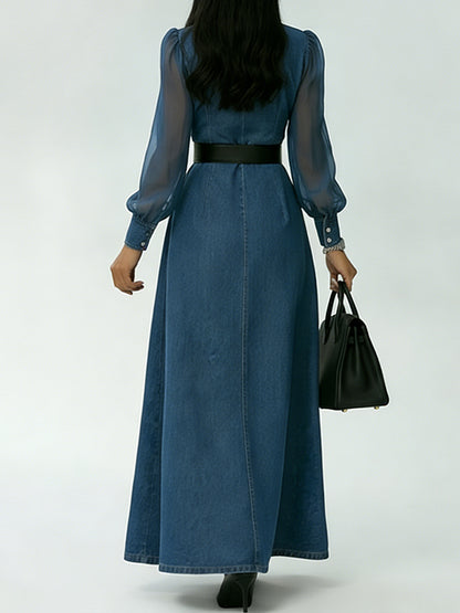 Women's Patchwork Organza Sleeve Maxi Split Denim Dress