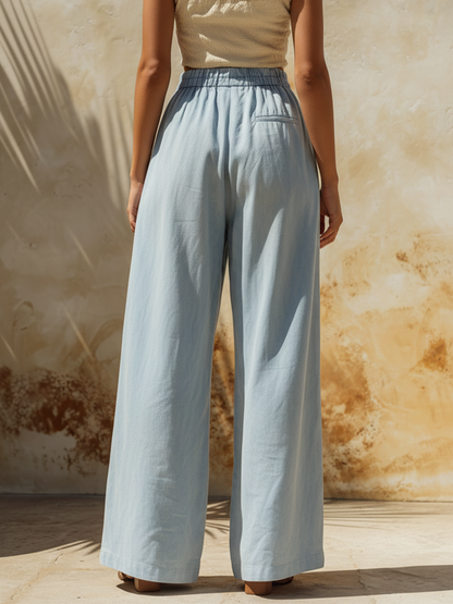 Light Wash Denim High-Waisted Wide-Leg Pants With Elastic Waist