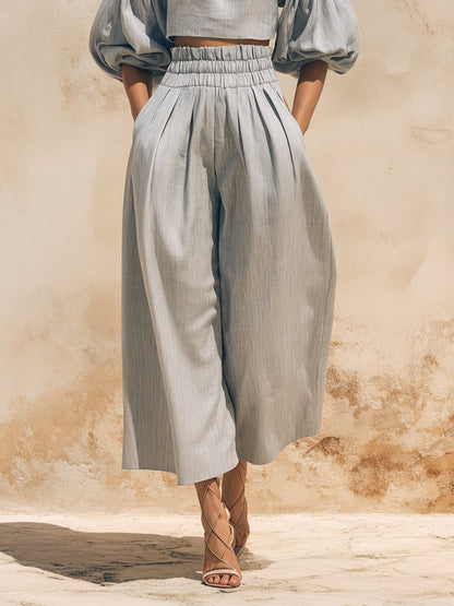 Off-the-Shoulder Puff Sleeve Linen Two-Piece Set