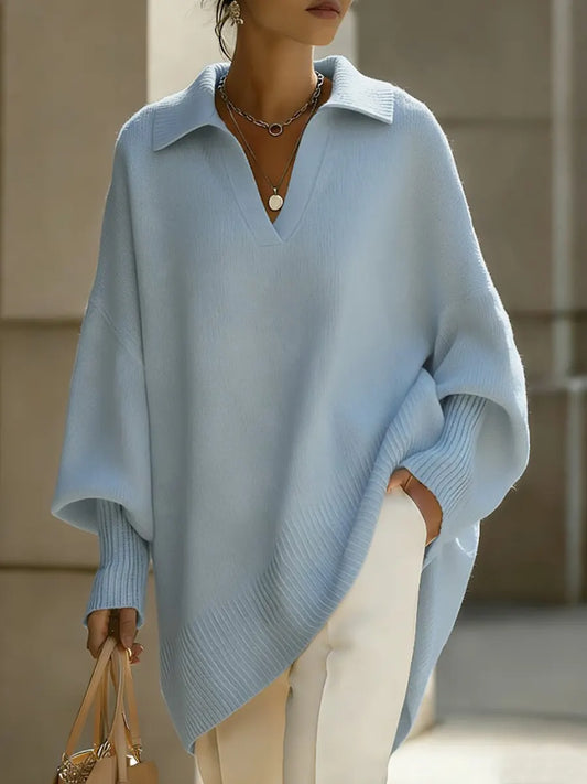 Women's Solid Color V-neck Long-sleeved Casual Loose-fitting Knitted Pullover Sweater