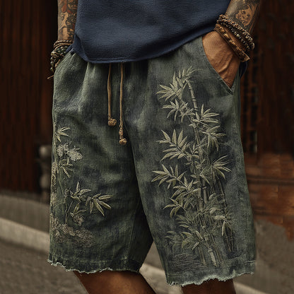 Vintage Japanese Bamboo Embroidery Art Linen Blend Casual Shorts