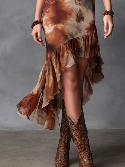Boho Western Rust Tie-Dye Mesh Midi Dress