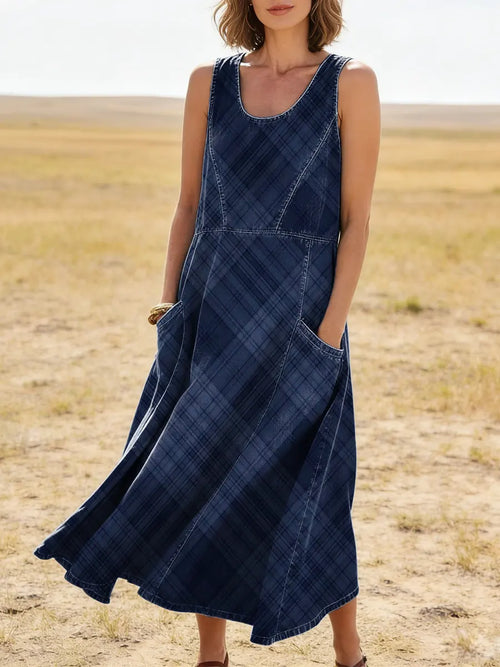 Women's Plaid Pattern Art Print Casual Cotton Denim Dress
