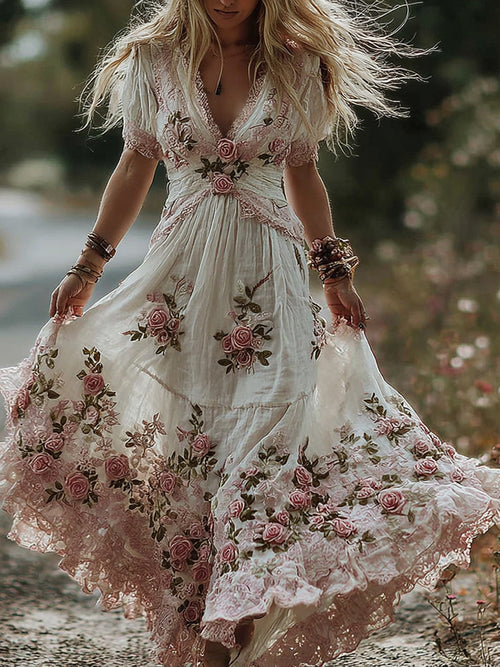 Vintage Floral Embroidery Art Women's Comfy Linen Maxi Dress