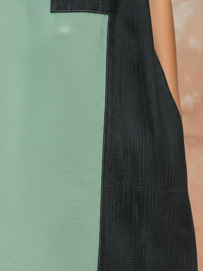 Mint Green & Black Denim Colorblock Sleeveless Maxi Dress