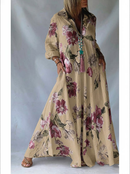 Loose-fitting Casual Linen And Cotton Floral Print Shirt Dress