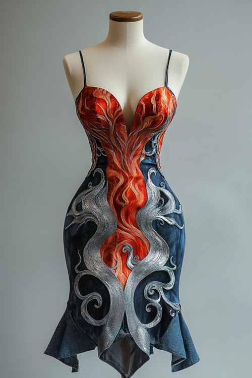 Summer vacation handmade tight red and blue dress b111