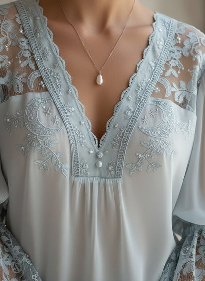 Elegant Powder Blue Lace & Chiffon Blouse with Bell Sleeves