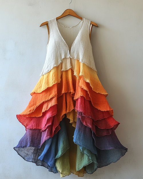Summer Rainbow Cotton and Linen Lotus Leaf Dress 7866