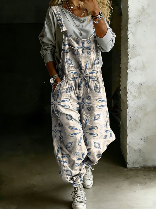 Women’s Vintage Ethnic Floral Art Print Casual One Piece Denim Jumpsuit