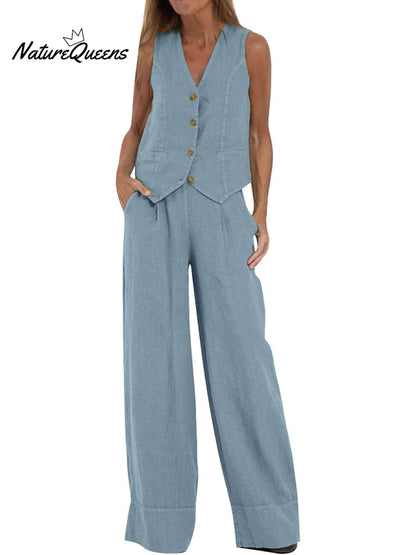 Women's Fashion Solid Color Vest Trousers Collage Stitching Cotton and Linen Casual Suit