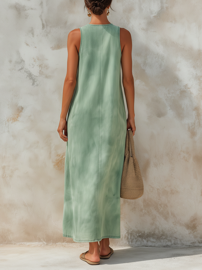 Washed Green Tencel Denim Sleeveless Maxi Dress